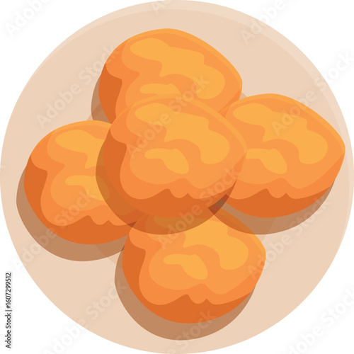 Four golden brown chicken nuggets are arranged on a simple round plate, viewed from above