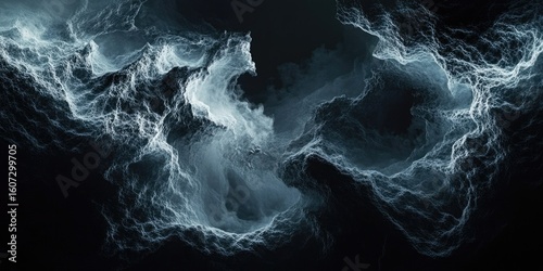 Abstract, textured forms of dark grey and light grey, resembling a turbulent, ethereal landscape