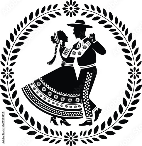 Silhouetted couple dancing in traditional mexican attire within a laurel wreath