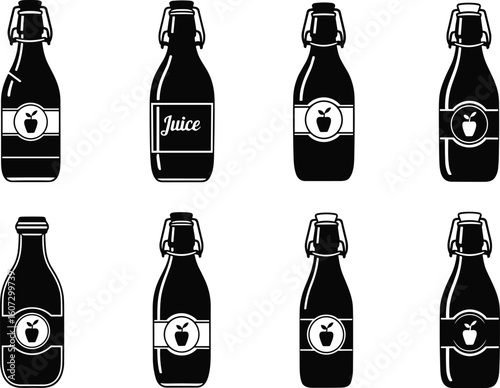 Set of eight vintage style swing top glass bottles with labels on a white background