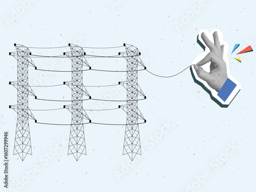 Hand holding a wire from a power line. Modern collage style. Vector illustration