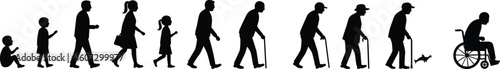 Silhouette evolution of human life stages from baby to elderly with walking stick and wheelchair, aging process concept illustration