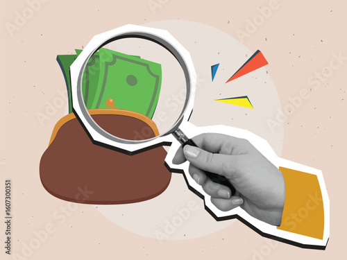 A person look through magnifying glass on a cash in retro coin purse. Modern collage style. Vector illustration