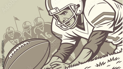 American football player diving for the ball with teammates in the background on the field scene