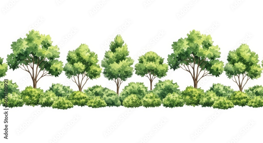 Fototapeta premium Lush Green Tree and Bush Border - watercolor illustration of a vibrant green tree and bush border, perfect for design projects. Symbolizing nature, growth, freshness, serenity, and abundance