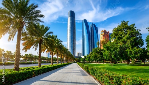 Modern cityscape with palm trees, shining skyscrapers against serene sky in Abu Dhabi