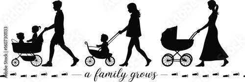 Silhouette family evolution, parents with baby stroller, motherhood journey, father pushing children, growing family concept, parenting stages, childhood development art