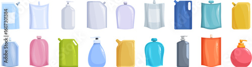 Refill soap icons set. Different doypack pouch and bottles for shampoo, conditioner, soap or lotion packaging showing new modern and colorful designs