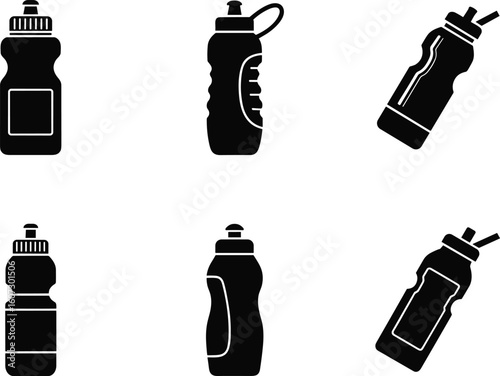 Set of six black silhouette icons representing different types of sports water bottles for hydration and fitness activities