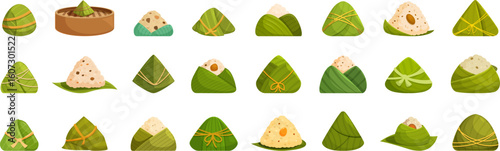Zongzi icons set. Various zongzi, a traditional chinese rice dish, are shown wrapped in bamboo or reed leaves, often served during the dragon boat festival
