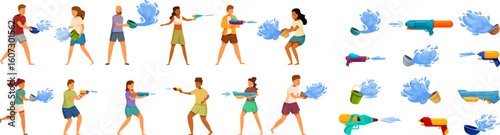 Water splashing festival icons set. People celebrating songkran by splashing water using water guns, buckets, and bowls, enjoying the festive atmosphere