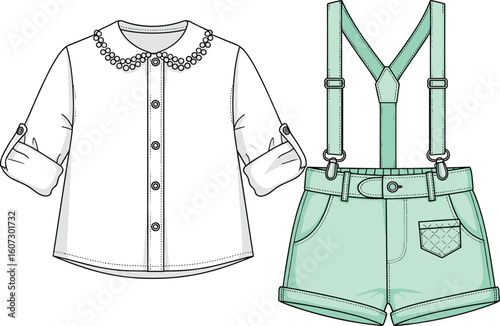 Kids outfit illustration, long-sleeved shirt with patterned collar and button front, paired with mint shorts and suspenders, children’s fashion sketch, apparel template