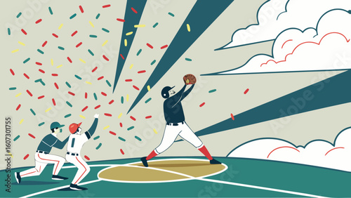 Baseball player catching ball with teammates celebrating under confetti and sun rays in stylized scene