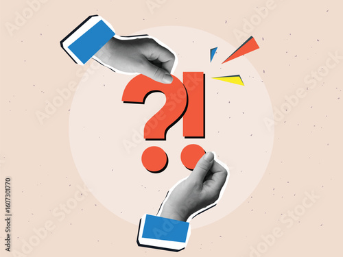 Black and white hands holding a big red question and exclamation marks. Modern collage style. Vector illustration