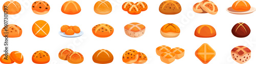 Hot cross bun icons set. Delicious hot cross buns represent a traditional easter treat, depicted here in various shapes and with diverse toppings