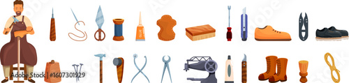 Crafting leather shoes icons set. Diverse shoemaking tools and accessories for crafting and repair