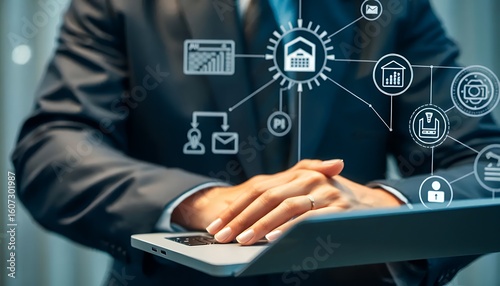 Businessman interacting with a digital network of financial and real estate services