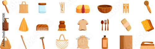 Eco friendly accessories icons set. Collection of sustainable household items promoting eco friendly lifestyle choices