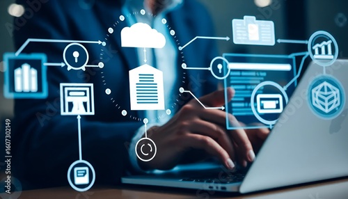 Business professional using laptop with digital network and data flow visualization