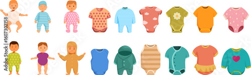 Baby onesie icons set. Collection of cute babies wearing different bodysuits, pajamas, and rompers, showcasing various designs and styles for infants