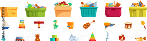 Toy storage icons set. Various toys displayed in containers and individually on a white background