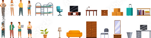 Dorm room icons set. Illustrated people and furniture showcasing modern living spaces