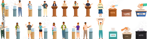 Student election icons set. Citizens casting ballots and politicians giving speeches, illustrating the democratic process of voting and campaigning