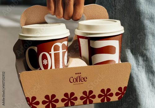 Hand Holding Coffee Cup Carrier Mockup on Street