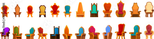 Royal throne icons set. Various cartoon thrones and chairs in vibrant colors