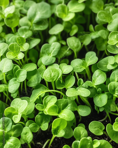 Top-down view of a tray filled with vibrant arugula microgreens. Bright green leaves contrast beautifully against the dark soil.
