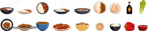 Kung pao chicken icons set. Savory chicken and rice meals presented in bowls and plates, accompanied by sauces and ingredients
