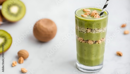 Healthy green smoothie with kiwi and granola layers in a tall glass