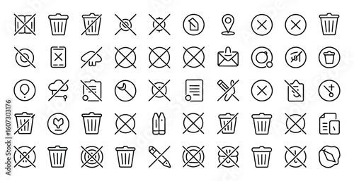 Vector art of a diverse set of cancellation and prohibition icons isolated on white background, indicating restrictions and errors