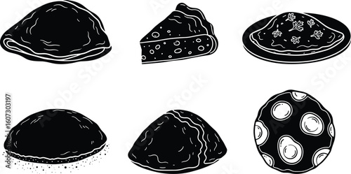 Set of six hand drawn black and white illustrations of various desserts and sweets on a white background