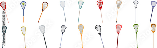 Lacrosse stick icons set. Collection of lacrosse sticks showcasing diverse colors and designs, ideal for sports and athletic themes