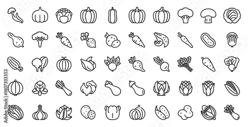 Vector art of a collection of vegetable icons isolated on white background offers a clean and simple visual representation of gardenfresh produce