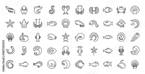 Vector art of a diverse set of seafood icons isolated on white background provides a clean and versatile visual resource for marinethemed designs
