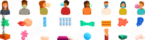 Chewing bubble gum icons set. People blowing bubbles with chewing gum and different types of chewing gum and bubble gum flavor