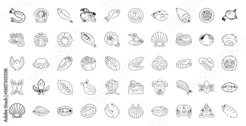 Vector art of a collection of seafood icons isolated on white background showcases a variety of marine life, perfect for culinary or nautical themes