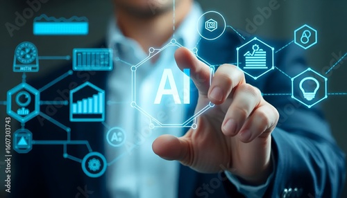 Businessman interacting with a futuristic digital interface and network of icons