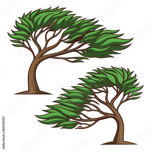 Leaning trees with green foliage twisted trunks green leaves