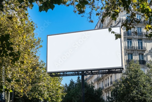 Wallpaper Mural Blank billboard against a city backdrop.  Large empty white rectangular billboard, mounted on a metal frame, positioned amidst leafy trees and a city building.  Clear blue sky Torontodigital.ca