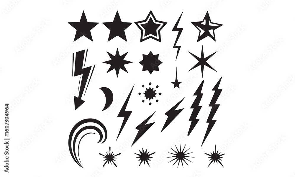 Fototapeta premium Retro Starburst and Sparkle Vector Icons – Vintage Pop Art Star, Lightning, and Pattern Clipart