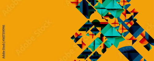 Abstract geometric shapes dominate image. Bright orange contrasts with teal, red, blue fragments. Modern design, dynamic composition.