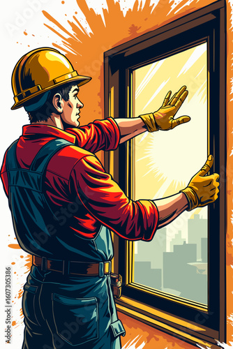 Construction worker installing a window with yellow gloves in a vibrant illustration