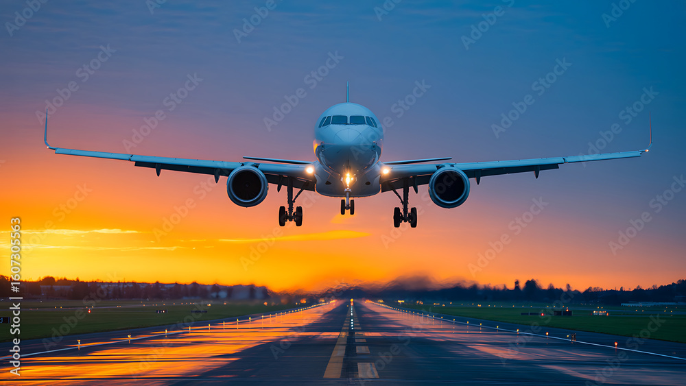 Fototapeta premium Airplane landing on a wet runway with a beautiful sunset background