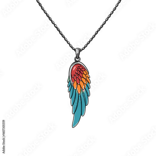Wing pendant necklace with colorful feather design on chain  