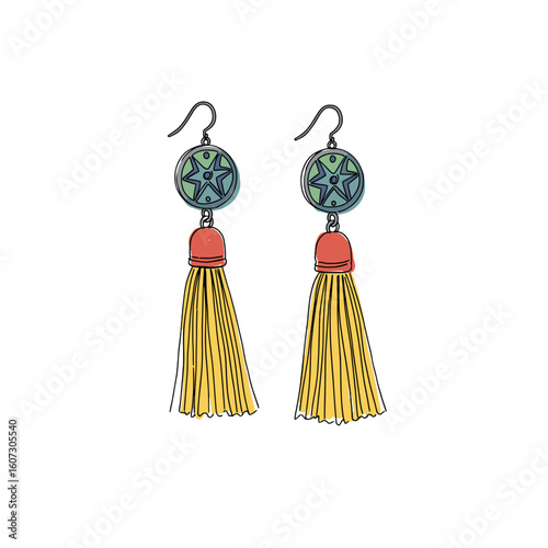 Colorful tassel earrings with decorative circular elements  