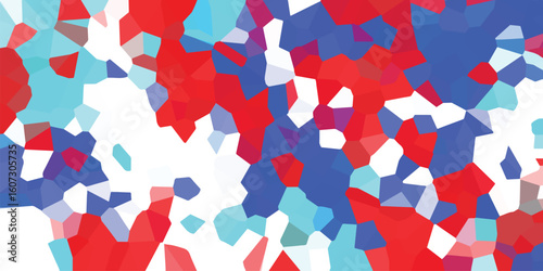 Abstract geometric mosaic illustration featuring a color palette of red blue and white with a crystalline effect for artistic designs and backgrounds.