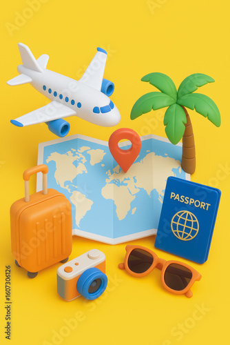 A vibrant flat lay of travel essentials: airplane, map, luggage, passport, camera, sunglasses, and palm tree, symbolizing global adventures